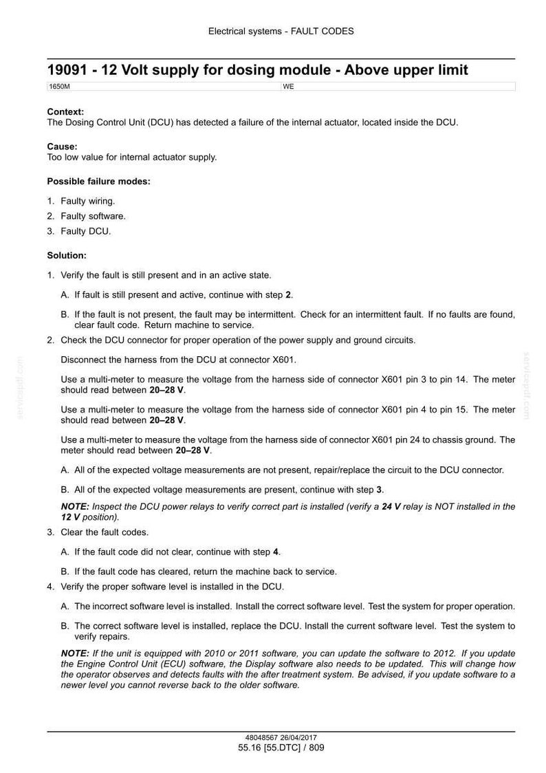 May include: Diagnostic document detailing fault codes for a 12-volt supply in a dosing module. Includes troubleshooting steps for faulty wiring, software, or DCU issues. Text includes voltage readings and software level verification.