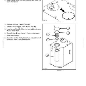 May include: Diagram illustrating the maintenance of a hydraulic reservoir return filter. The image shows an exploded view of the filter components, including the cover, O-ring, spring, valve, and filter. Text instructions are also included.