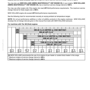 Puede incluir: Una p&aacute;gina de documento t&eacute;cnico titulada Engine oils [104099913 - V1 -] que contiene instrucciones de mantenimiento para maquinaria New Holland. Incluye texto sobre especificaciones de aceite, intervalos de servicio y una tabla de viscosidad.