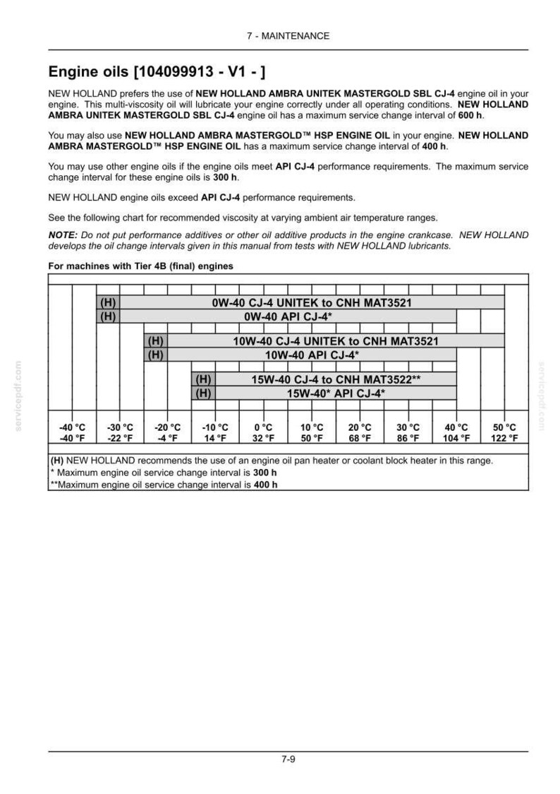 Puede incluir: Una p&aacute;gina de documento t&eacute;cnico titulada Engine oils [104099913 - V1 -] que contiene instrucciones de mantenimiento para maquinaria New Holland. Incluye texto sobre especificaciones de aceite, intervalos de servicio y una tabla de viscosidad.