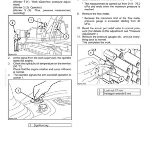 Puede incluir: Diagrama que ilustra los procedimientos de medici&oacute;n del flujo de la bomba hidr&aacute;ulica. Incluye pasos para medir el flujo, arrancar el motor y verificar la temperatura del aceite. Presenta una excavadora y primeros planos de herramientas y componentes.