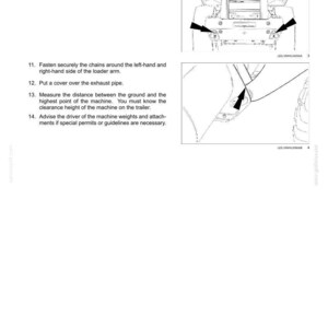 Puede incluir: Una p&aacute;gina de manual t&eacute;cnico titulada 5 - TRANSPORT OPERATIONS que contiene instrucciones para asegurar maquinaria. Incluye dos dibujos lineales en blanco y negro que muestran puntos de amarre en una m&aacute;quina, con flechas indicando los puntos.