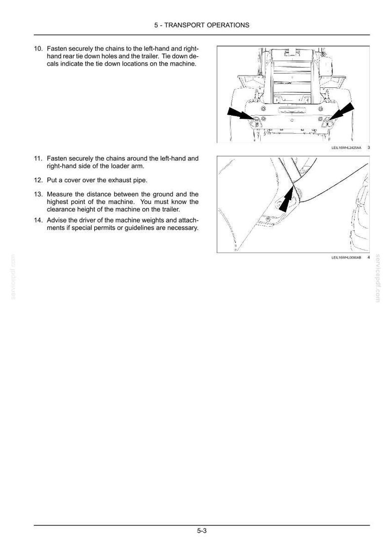 Puede incluir: Una p&aacute;gina de manual t&eacute;cnico titulada 5 - TRANSPORT OPERATIONS que contiene instrucciones para asegurar maquinaria. Incluye dos dibujos lineales en blanco y negro que muestran puntos de amarre en una m&aacute;quina, con flechas indicando los puntos.