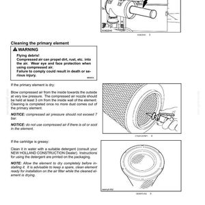 K&ouml;nnte beinhalten: Eine Seite aus einem technischen Handbuch mit dem Titel 6-MAINTENANCE, die Anweisungen zur Reinigung eines Luftfilterelements enth&auml;lt. Sie umfasst eine Warnung vor umherfliegenden Tr&uuml;mmern, Diagramme zum Ausbau und Druckluftnutzung.