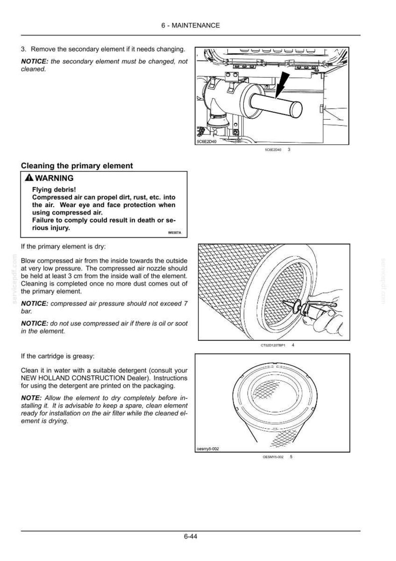 K&ouml;nnte beinhalten: Eine Seite aus einem technischen Handbuch mit dem Titel 6-MAINTENANCE, die Anweisungen zur Reinigung eines Luftfilterelements enth&auml;lt. Sie umfasst eine Warnung vor umherfliegenden Tr&uuml;mmern, Diagramme zum Ausbau und Druckluftnutzung.