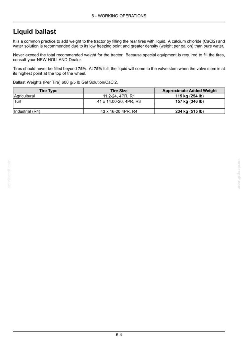 Pu&ograve; includere: Una pagina di documento tecnico intitolata 6-WORKING OPERATIONS Liquid ballast. Fornisce istruzioni sul riempimento degli pneumatici del trattore con soluzione di cloruro di calcio, inclusa una tabella con tipi, dimensioni e pesi.