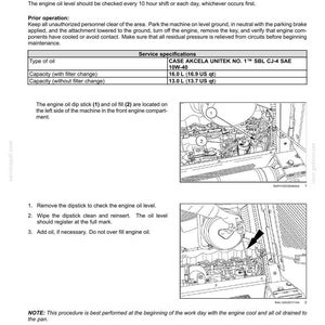 May include: A page from a maintenance manual detailing engine oil specifications and procedures. Includes a table with oil type and capacity, along with diagrams showing the dipstick and oil fill locations. Instructions are provided for checking and adding oil.
