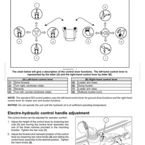 May include: Diagram of a standard ISO control pattern for machinery, with labeled symbols and directional arrows. Includes a table detailing left and right-hand control lever functions, such as drive forward, reverse, and bucket operations. Also shows electro-hydraulic control handle adjustment.