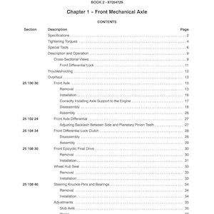 May include: A page from a manual titled "SECTION 25 - MFD AXLE" with a table of contents. The text includes "Chapter 1 - Front Mechanical Axle" and various sections like "Front Axle Differential" and "Steering Knuckle Pins and Bearings."