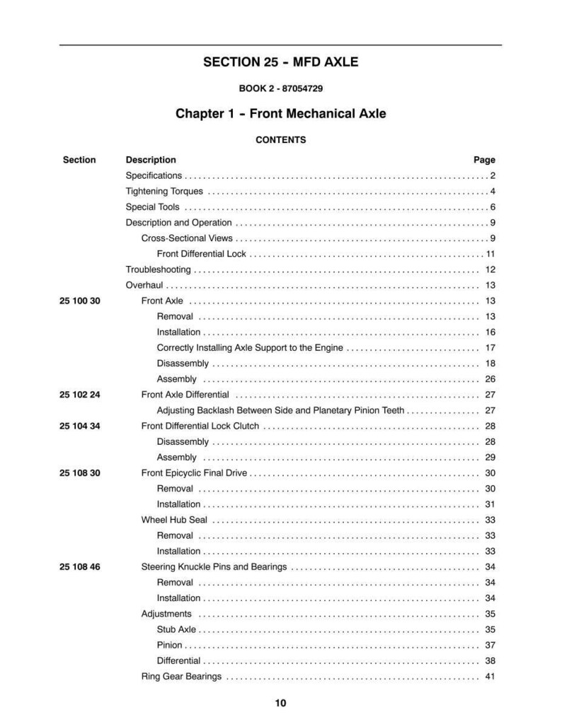 May include: A page from a manual titled "SECTION 25 - MFD AXLE" with a table of contents. The text includes "Chapter 1 - Front Mechanical Axle" and various sections like "Front Axle Differential" and "Steering Knuckle Pins and Bearings."