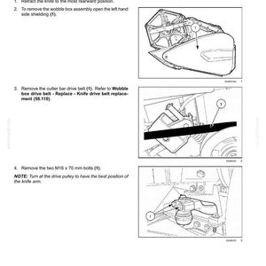 K&ouml;nnte beinhalten: Diagramm eines mechanischen Bauteilausbaus. Anweisungen umfassen das Zur&uuml;ckziehen eines Messers, das &Ouml;ffnen einer Abschirmung, das Entfernen eines Antriebsriemens und das Entfernen von zwei M16 x 70 mm Schrauben. Text: "Wobble box - Remove".