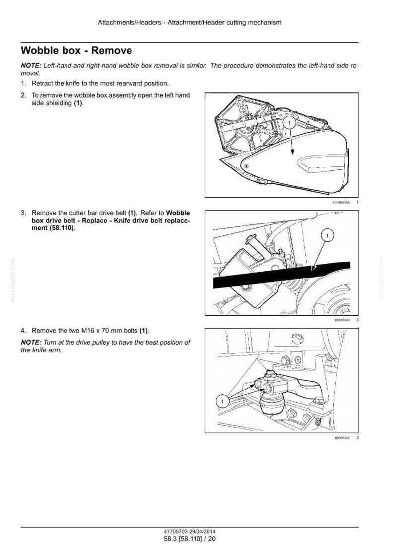 K&ouml;nnte beinhalten: Diagramm eines mechanischen Bauteilausbaus. Anweisungen umfassen das Zur&uuml;ckziehen eines Messers, das &Ouml;ffnen einer Abschirmung, das Entfernen eines Antriebsriemens und das Entfernen von zwei M16 x 70 mm Schrauben. Text: "Wobble box - Remove".