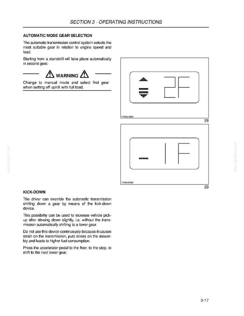 May include: A page from an operating manual with the title "Automatic Mode Gear Selection." It shows diagrams of a digital display indicating gear selection, with text explaining gear changes and a warning about uphill driving.