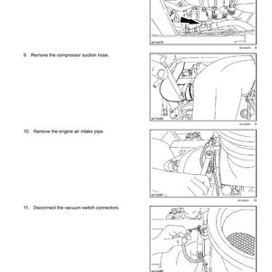 Op de afbeelding: Diagram van motoronderdelen met instructies. De afbeelding toont stappen voor het verwijderen en aansluiten van slangen en het loskoppelen van connectoren. Tekst bevat "Engine - Engine and crankcase" en genummerde stappen.