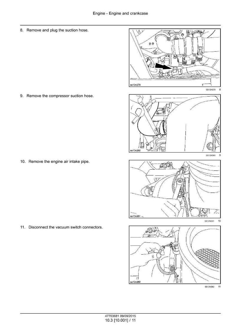 Op de afbeelding: Diagram van motoronderdelen met instructies. De afbeelding toont stappen voor het verwijderen en aansluiten van slangen en het loskoppelen van connectoren. Tekst bevat "Engine - Engine and crankcase" en genummerde stappen.