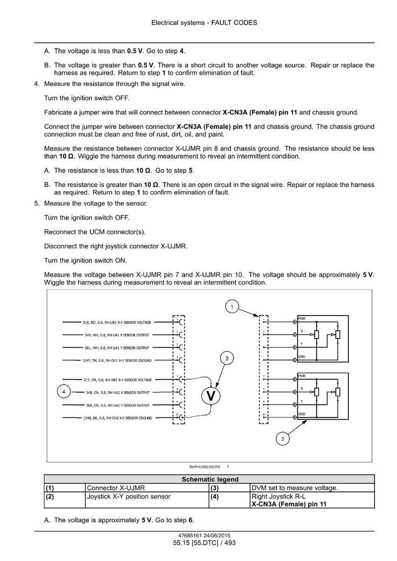 May include: Diagram of an electrical system with fault codes, including instructions for voltage and resistance measurements. Features a schematic with numbered components and a legend. Text includes "Electrical systems - FAULT CODES".