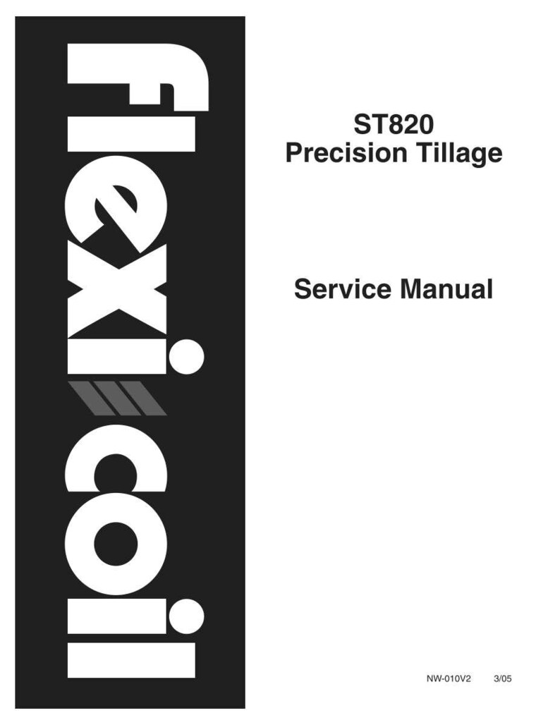 May include: A service manual for the Flexi-Coil ST820 Precision Tillage equipment. The cover features a vertical black bar with the white text Flexi-Coil, followed by the model name and document title. The code NW-010V2 and date 3/05 are printed.