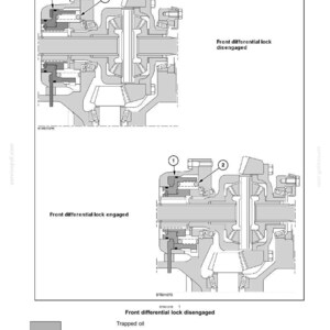 May include: Diagram of a front axle system with a differential lock, multi-plate clutch, and dynamic description. The image shows the front differential lock engaged and disengaged, with labels and annotations. The text includes information about trapped oil and pressure oil.