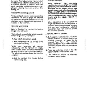 May include: A page from a manual detailing fuel system adjustments. Text includes instructions on roller dimensions, transfer pressure, governor link settings, and automatic advance devices. The page is white with black text.