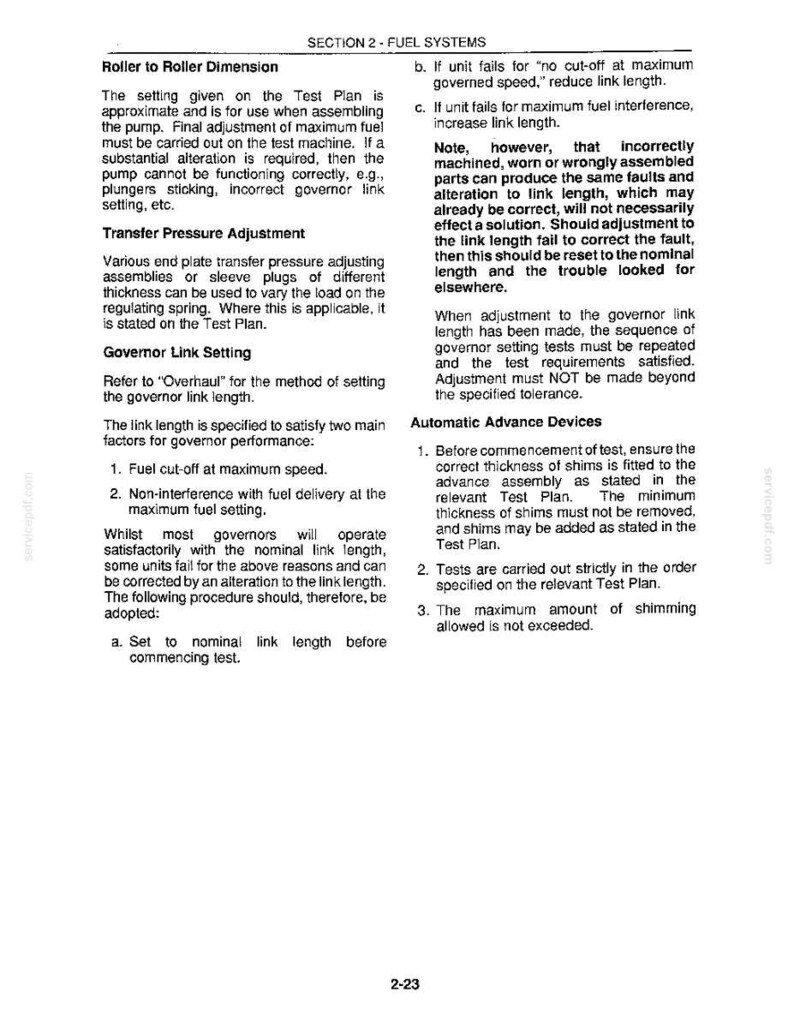 May include: A page from a manual detailing fuel system adjustments. Text includes instructions on roller dimensions, transfer pressure, governor link settings, and automatic advance devices. The page is white with black text.