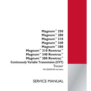 May include: A service manual with a red and white design. The text includes "Magnum" tractor models, "Continuously Variable Transmission (CVT)", and "SERVICE MANUAL". The Case IH Agriculture logo is in the bottom right corner.