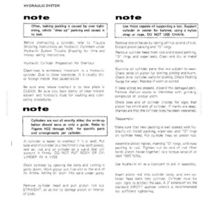 May include: A page from a DROTT CRUZ-AIR hydraulic system manual, featuring text and diagrams about cylinder maintenance, including notes on packing, disassembly, and reassembly procedures.