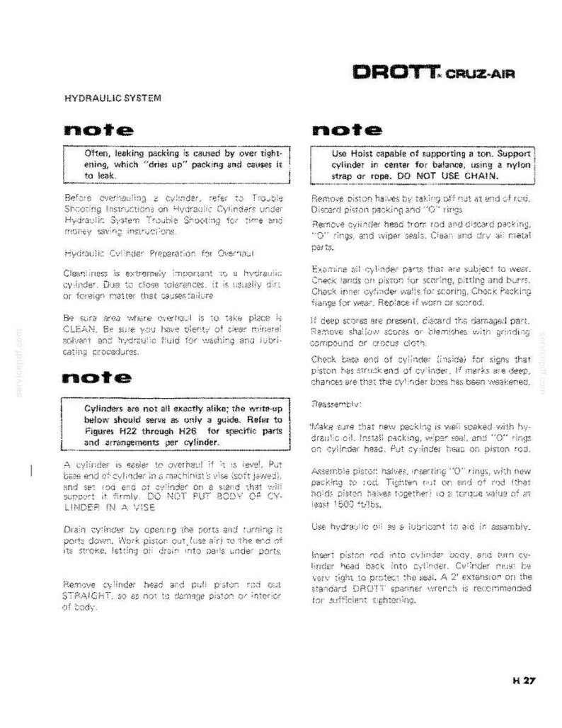 May include: A page from a DROTT CRUZ-AIR hydraulic system manual, featuring text and diagrams about cylinder maintenance, including notes on packing, disassembly, and reassembly procedures.