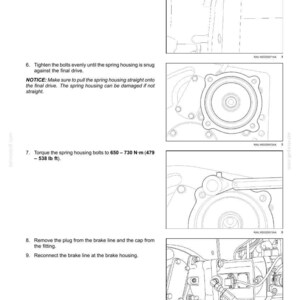 May include: Diagram of automotive brake components with instructions. Text includes steps for installing a spring housing, tightening bolts, and reconnecting brake lines. Measurements are in Newton-meters and foot-pounds.
