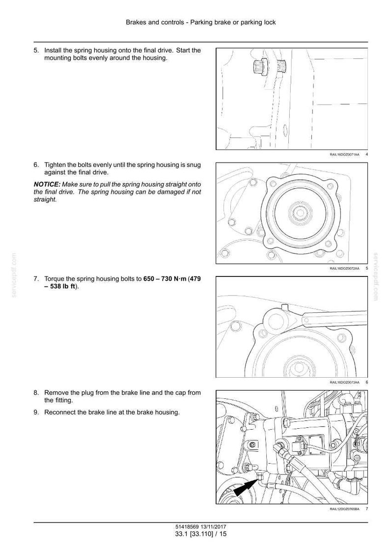 May include: Diagram of automotive brake components with instructions. Text includes steps for installing a spring housing, tightening bolts, and reconnecting brake lines. Measurements are in Newton-meters and foot-pounds.