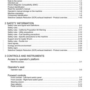May include: A white document page titled "Contents" with a detailed table of contents for a machine's manual. Sections include general information, safety information, and controls and instruments, with page numbers listed.