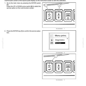 Pode incluir: Diagrama de um painel de controle com bot&otilde;es e uma tela exibindo op&ccedil;&otilde;es de menu. O texto inclui instru&ccedil;&otilde;es para calibra&ccedil;&atilde;o, com r&oacute;tulos para o interruptor ENTER e os bot&otilde;es de seta. A imagem &eacute; de um manual de servi&ccedil;o.
