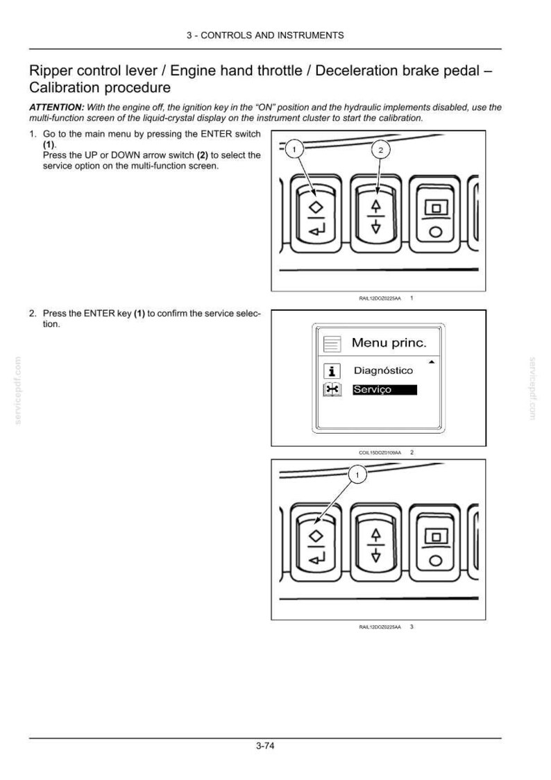Pode incluir: Diagrama de um painel de controle com bot&otilde;es e uma tela exibindo op&ccedil;&otilde;es de menu. O texto inclui instru&ccedil;&otilde;es para calibra&ccedil;&atilde;o, com r&oacute;tulos para o interruptor ENTER e os bot&otilde;es de seta. A imagem &eacute; de um manual de servi&ccedil;o.