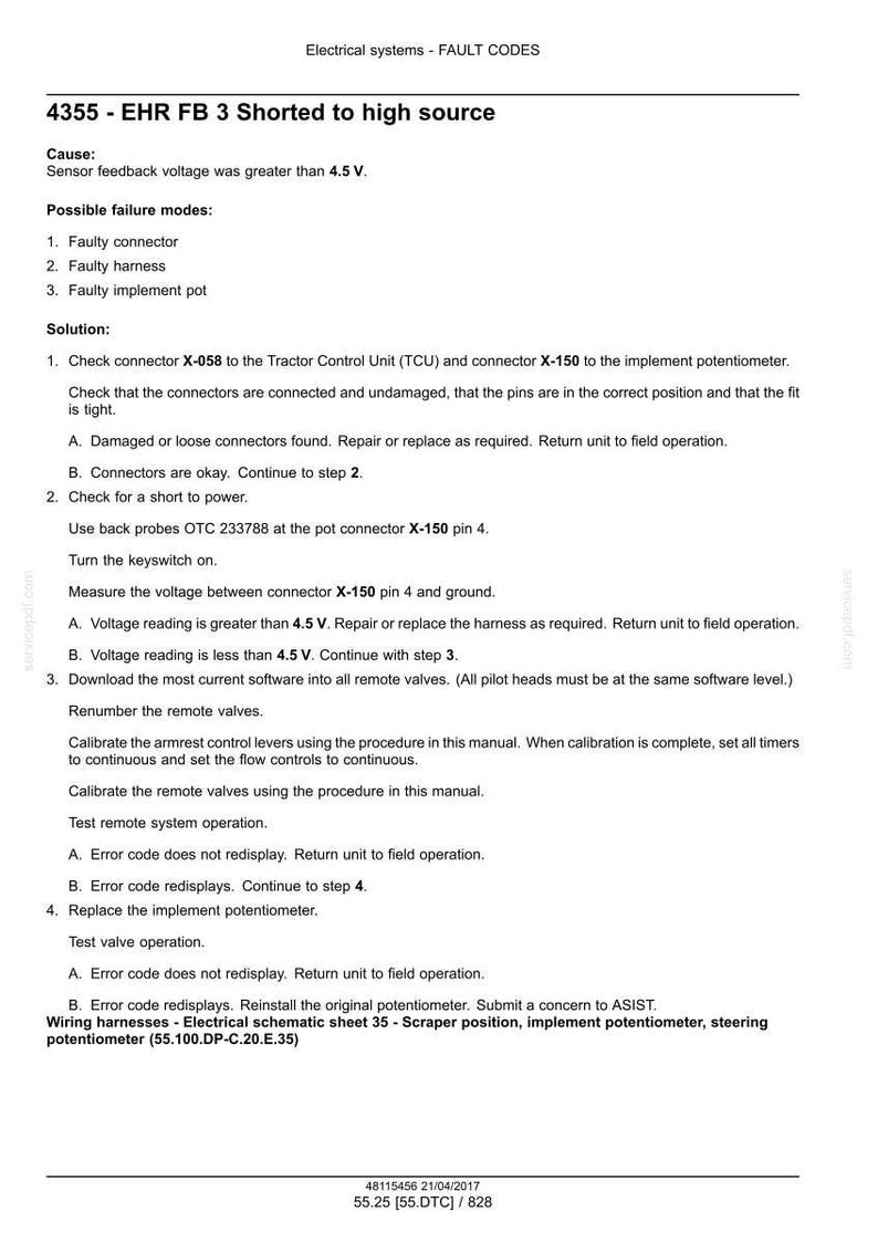 May include: A technical document detailing fault codes for an electrical system. The document includes troubleshooting steps, possible failure modes, and solutions for the '4355 - EHR FB 3 Shorted to high source' error. It also includes wiring diagrams.