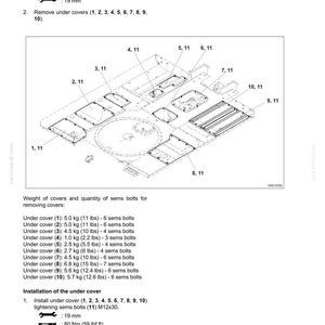 May include: Diagram of under cover removal and installation, with bolt sizes and weights in lbs. Includes a diagram with numbered components and instructions for removing and installing the under cover.
