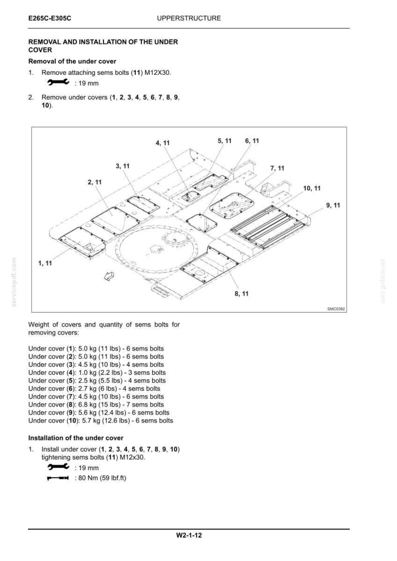 May include: Diagram of under cover removal and installation, with bolt sizes and weights in lbs. Includes a diagram with numbered components and instructions for removing and installing the under cover.