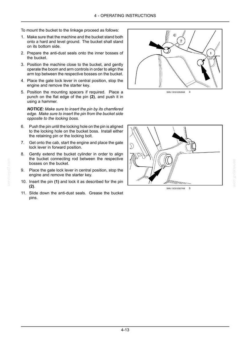 K&ouml;nnte beinhalten: Seite aus einer Bedienungsanleitung mit der &Uuml;berschrift "4 - BEDIENUNGSANLEITUNG". Die Seite enth&auml;lt nummerierte Schritte mit Diagrammen, die zeigen, wie man einen Eimer an einem Gest&auml;nge befestigt. Die Diagramme zeigen verschiedene mechanische Komponenten.