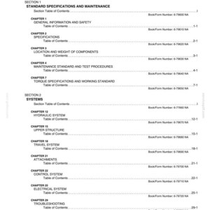 May include: A white document titled "EH15 SHOP MANUAL TABLE OF CONTENTS" with various sections and chapters listed. The document includes section titles like "STANDARD SPECIFICATIONS AND MAINTENANCE" and "SYSTEMS". The document also includes book/form numbers.