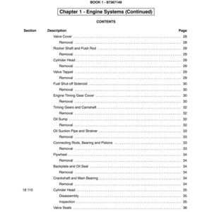May include: A page from a manual titled "SECTION 10 - ENGINE" with a table of contents for engine systems. The table lists various engine components like valve cover, cylinder head, and flywheel, along with page numbers.