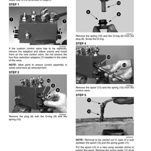 May include: A black and white diagram illustrating the disassembly of a valve. The steps include removing plugs, O-rings, springs, and spools. Text and numbered labels identify the parts and steps. The diagram is for technical reference.