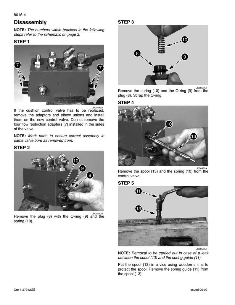 May include: A black and white diagram illustrating the disassembly of a valve. The steps include removing plugs, O-rings, springs, and spools. Text and numbered labels identify the parts and steps. The diagram is for technical reference.