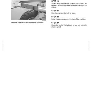 May include: A page from a manual with instructions for a machine. The image shows a close-up of a machine component and text instructions. The text includes steps for operation and maintenance, such as running the engine and checking for leaks.
