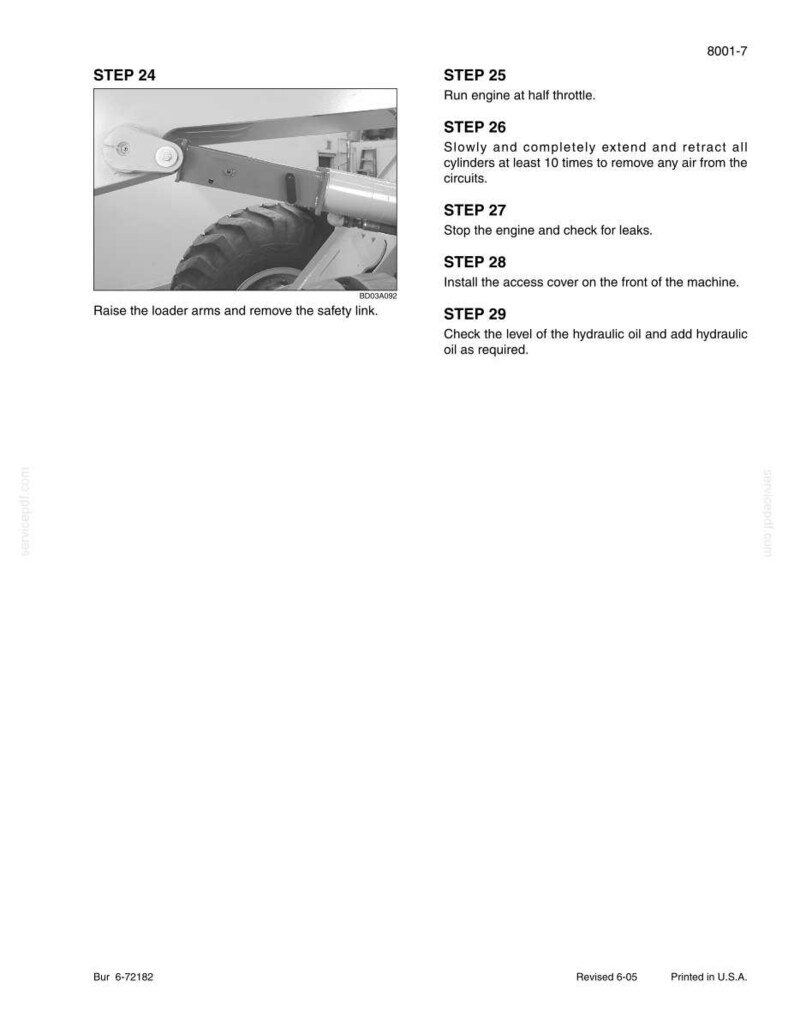 May include: A page from a manual with instructions for a machine. The image shows a close-up of a machine component and text instructions. The text includes steps for operation and maintenance, such as running the engine and checking for leaks.