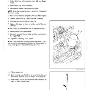 Puede incluir: Una p&aacute;gina de manual t&eacute;cnico titulada 7-MAINTENANCE, First 50 hours, Engine oil and filter - Replace. Incluye instrucciones numeradas, un dibujo lineal de un componente del motor con un filtro marcado 1 y soporte 2, y una varilla de medici&oacute;n.
