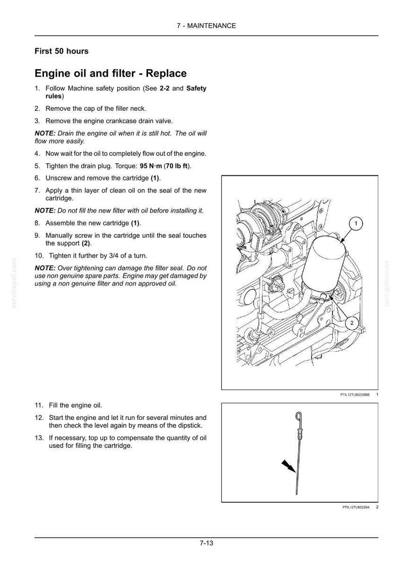 Puede incluir: Una p&aacute;gina de manual t&eacute;cnico titulada 7-MAINTENANCE, First 50 hours, Engine oil and filter - Replace. Incluye instrucciones numeradas, un dibujo lineal de un componente del motor con un filtro marcado 1 y soporte 2, y una varilla de medici&oacute;n.