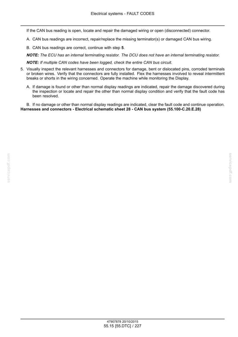 May include: A document titled "Electrical systems - FAULT CODES" with troubleshooting steps for CAN bus systems. Includes instructions for wiring, connectors, and fault resolution. The document is a technical manual.