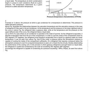 K&ouml;nnte beinhalten: Eine technische Dokumentenseite mit dem Titel 25. AIR-CONDITIONER SYSTEM, die ein Druck-Temperatur-Diagramm f&uuml;r das K&auml;ltemittel R134a zeigt. Das Diagramm stellt Kurven f&uuml;r fl&uuml;ssige und gasf&ouml;rmige Zust&auml;nde mit Achsen in MPa, psi, Celsius und Fahrenheit dar.