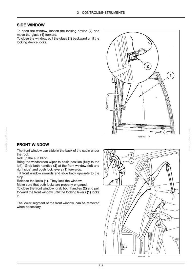 May include: A technical manual page titled 3 - CONTROLS/INSTRUMENTS featuring black and white line drawings. It provides instructions for operating a side window and a front window, using numbered labels to identify specific locking devices and handles.