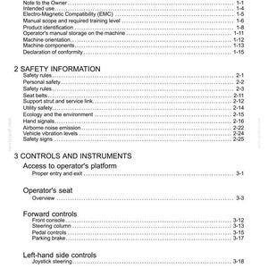 May include: A white document titled "Contents" with a list of topics and page numbers. Sections include General Information, Safety Information, and Controls and Instruments. The document is a manual.