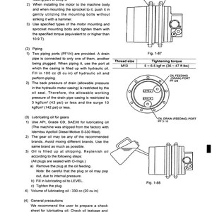 May include: Diagrams and instructions for handling and maintaining machinery. Includes diagrams of motor components, piping, and oiling procedures. Text includes thread size, tightening torque, and oil volume in cc and cu-in.