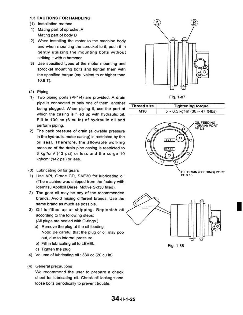 May include: Diagrams and instructions for handling and maintaining machinery. Includes diagrams of motor components, piping, and oiling procedures. Text includes thread size, tightening torque, and oil volume in cc and cu-in.